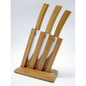  EROKEZ   Kitchen White Ceramic Knives Set with Bamboo 