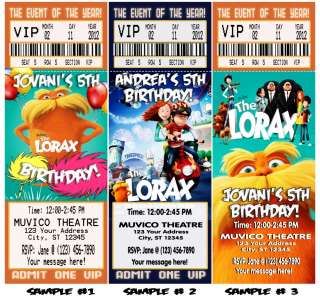 THE LORAX BIRTHDAY PARTY TICKET INVITATIONS VIP PASSES AND FAVORS MANY 