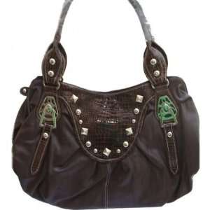   Leatherette Hobo Style Shoulder Handbag Purse with Croc Trim in Brown