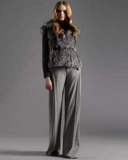 Belted Fox Jacket, Long Sleeve Turtleneck Sweater & Wide Flare Pants