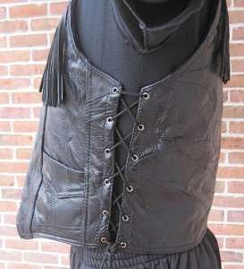   Leather Motorcycle Vest Black Fringe Mens Large & 3 chain extenders