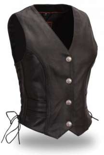 Women Ladies Black Leather Braided Buffalo Nickel Vest  