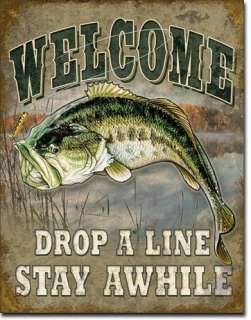 Bass Fishing Tin Sign Welcome Drop A Line Cabin Lodge  