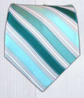  100% Silk Woven Silver and Aqua Striped Tie Clothing