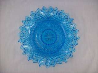 Vintage Blue EAPG Pressed Glass 9 Bowl with Ruffled Rim Hexagons 