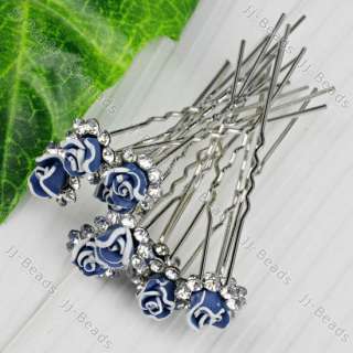 10p Crystal Dark Blue Fimo ROSE Wedding Bridal Hairpins  