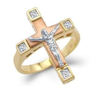   Ladies 14k Yellow Tri Color Gold Cross Crucifix Ring: Jewelry