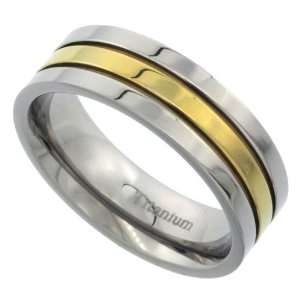 Titanium 7mm Flat Wedding Band Ring Gold Stripe Center polished Finish 