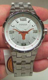 Texas Longhorns Fossil Watch with large centered logo. Silver logo 