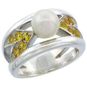  Silver Chevron Style Pearl Ring Band w/ Citrine colored CZ Stones 