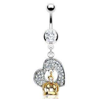   GEM PAVE HEART BELLY NAVEL RING CZ DANGLE BUTTON PIERCING JEWELRY B92