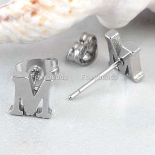 1Pair Silvery Cool Stainless Steel Letter M Alphabet Ear Stud Earring 