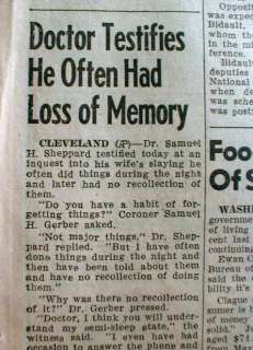 1954 newspapers DR SAM SHEPPARD MURDERS his wife ? Cleveland OHIO 