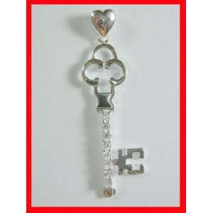  White Topaz Heart & Key Pendant Sterling Silver #2338 