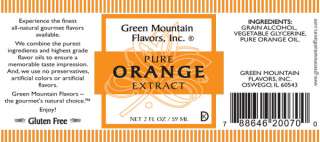 Label for 2oz Pure Orange Extract by Green Mountain Flavors