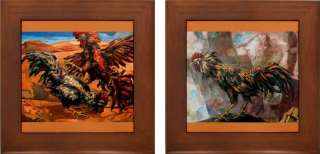 Set of 2 Framed Ceramic Tiles with Art by Vela Zanetti   Cockfighting 