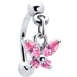  Top Down Pink Gem Dangle Butterfly Eyebrow Ring Jewelry