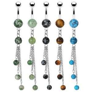  Steel Prong Precious Turquoise Stone Belly Ring With 3 Chain/Stone 
