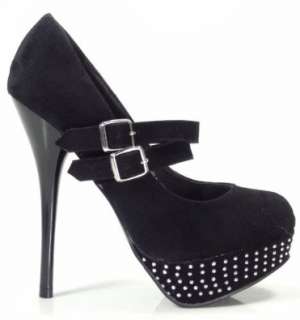  Black Faux Suede Double Strap Mary Jane Studded Pump 