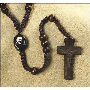 St Padre Pio Wood and Cord 20 Rosary with Holy Card, Prayer Pamphlet 