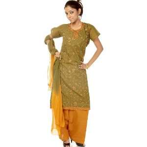 Green and Amber Salwar Kameez Suit with Crewel Embroidery and Sequins 