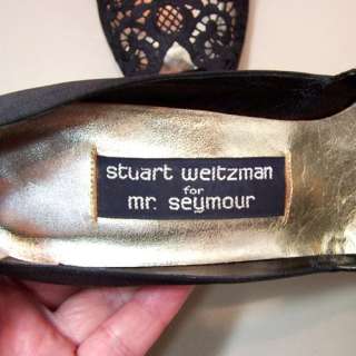 Vintage Womans Stuart Weitzman Chantelle Lace Black Satin Pumps Shoe 